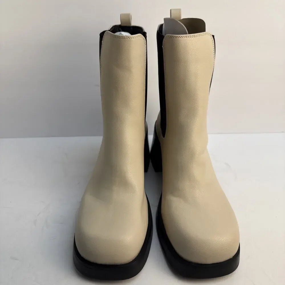 Topshop Womens Ivory‎ Leather Boots Size 9 Chunky Block Heel Retro Y2K NWOB